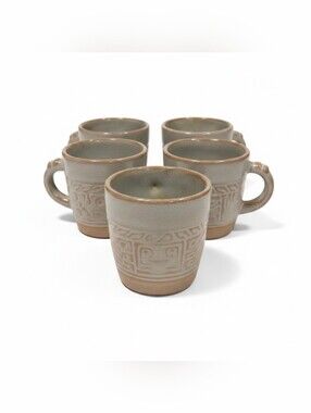 FRANKOMA Pottery Mugs /Cup 7C Blue /Green Mayan Aztec Set Of 5 Vintage MCM EUC